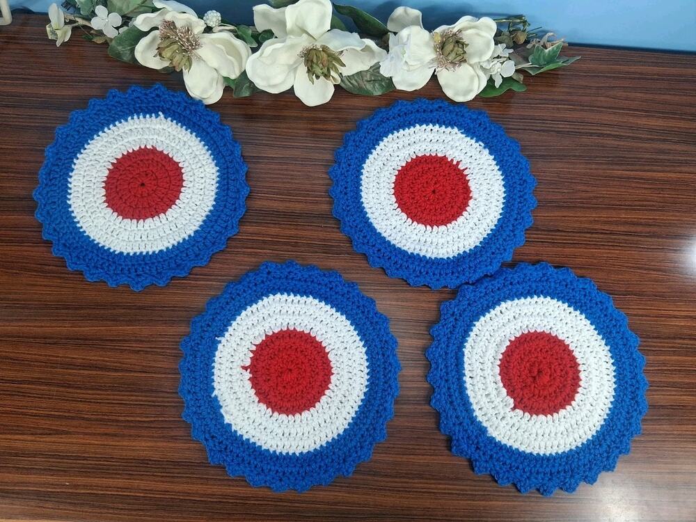 Handmade Crocheted Red White & Blue Round Doilies Placemats Americana Patriotic